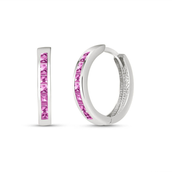 Galaxy Gold Products Jewelry - 14K. SOLID GOLD HOOP HUGGIE EARRING WITH PINK SAPPHIRES (White Gold)